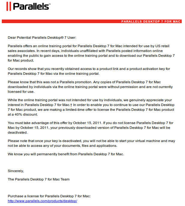 Parallels E-Mail Unauthorized Access to Retail Training Portal for Parallels Desktop 7 for Mac
